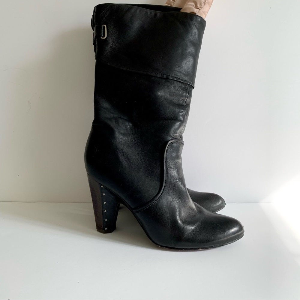 Frye Black Leather Mid-Calf Heeled Boots